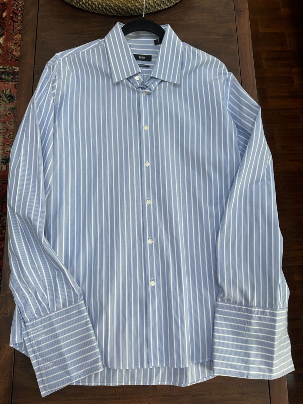 Hugo BOSS Men’s Blue and White Striped Regular Fit Shirt. Size 17 34/35